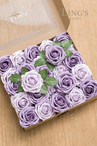 Ling's Moment Artificial Flowers African Violet Purple Roses Lavender Roses 25Pcs Real Looking Fake Roses W/Stem For Diy Wedding Bouquets Centerpieces Arrangements Party Baby Shower Home Decorations #TOP5