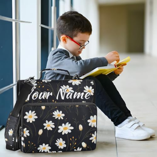 Image of Custom 3 Ring Zipper Binder White Daisy Flower Black Personalized Name 1.5 Inch Binders Large Capacity Multi Pockets for School Office Supplies