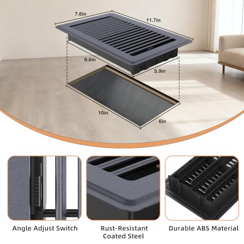 Image of 6 x 10 Floor Register, Gray Heavy-Duty Steel Vent Covers for Home Floor with Adjustable Airflow Control Lever, Easy Installation and Quiet Operation for HVAC Systems - 4 Pack