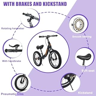 14/16 inch Balance Bike for 3 4 5 6 7 and 8 Years Old Boys Girls,No pedal Training Bicycle with Brake and Kickstand,Adjustable Seat Height,Air Tires,Outdoor for Outdoor Sports,Black,14 in