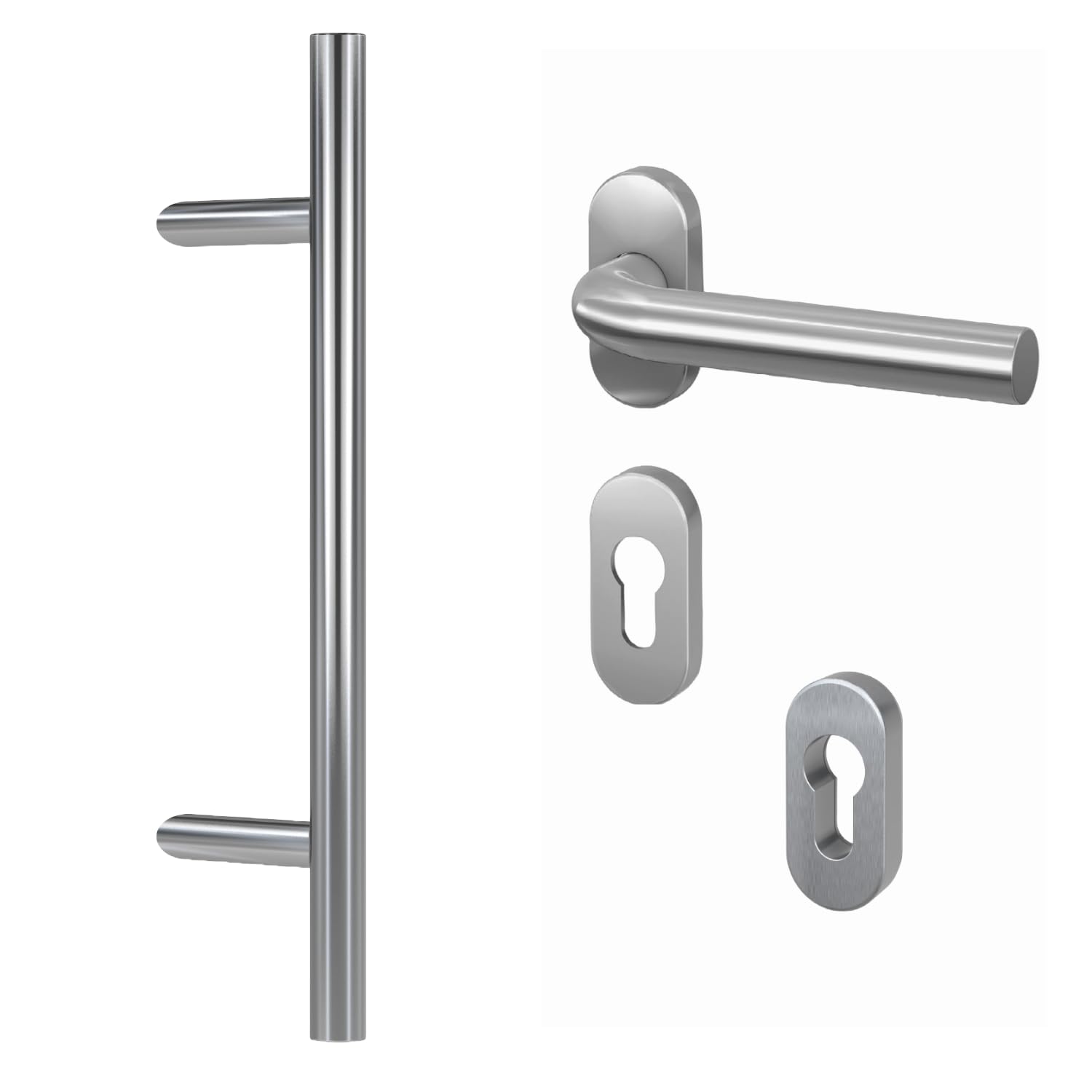 BASI | Komplettset für Haustür aus Edelstahl | Stoßgriff mit Beschlag und Abdeckungen | Haustürgriff Stangengriff | Länge: 600 mm - Abstand: 400 mm