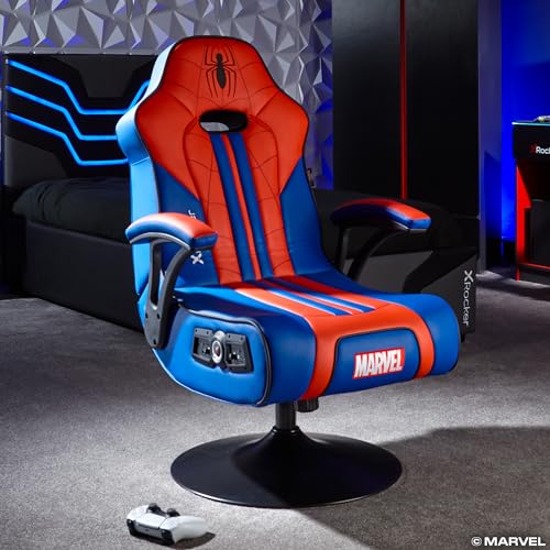 X-Rocker Fauteuil de gaming Marvel Spiderman 2.1 avec socle, audio stéréo - Connectivité Bluetooth, vibration réactive, base pliable, similicuir nettoyable à l'eau...