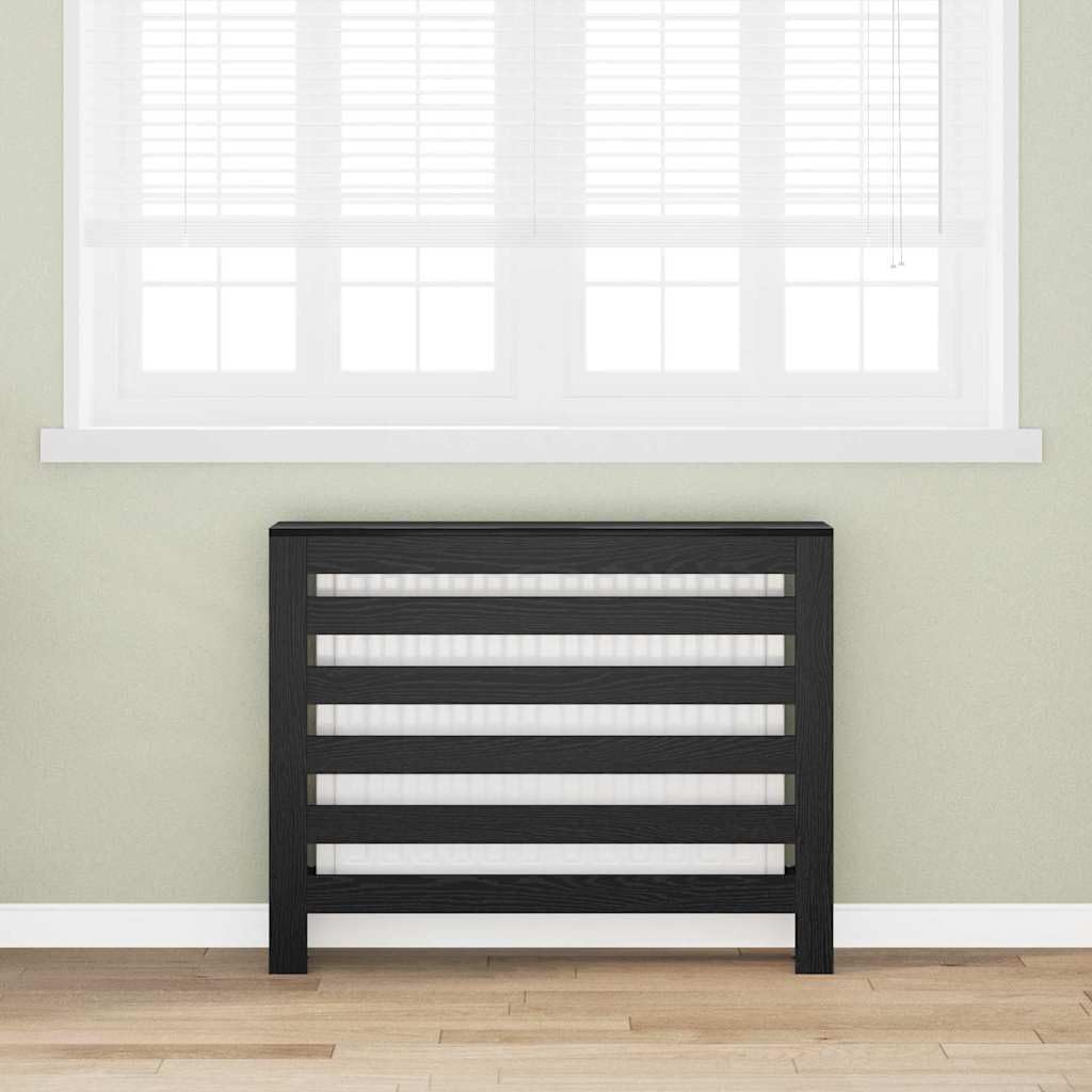 Heizkörperabdeckung Schwarz Eichen-Optik aus Holzwerkstoff 104 x 20 x 82 cm mit oberem Regal und vertikalen Latten, für Innenbereich, moderne Wohnraumlösung mit effizientem Wärmefluss