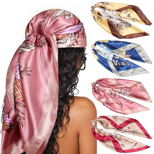Image of DRESHOW 35 inch Large Square Satin Head Scarf - 4Pcs Silk Accessories Classic Patterned Squares Beach Bandanas for Women
