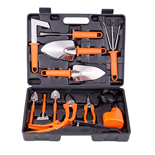 BNCHI Gardening Tools Set,14 Pieces Stainless Steel Garden Hand Tool, Gardening Gifts for Women,Men,Gardener (Orange)