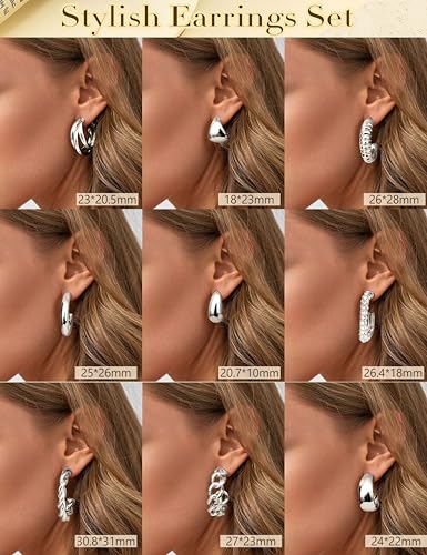 YADOCA 9 Pairs Gold Clip on Earrings for Women 14K Gold Plated Waterdrop Chunky Clip on Hoop Earrings No Piercing Fake Earrings Set3