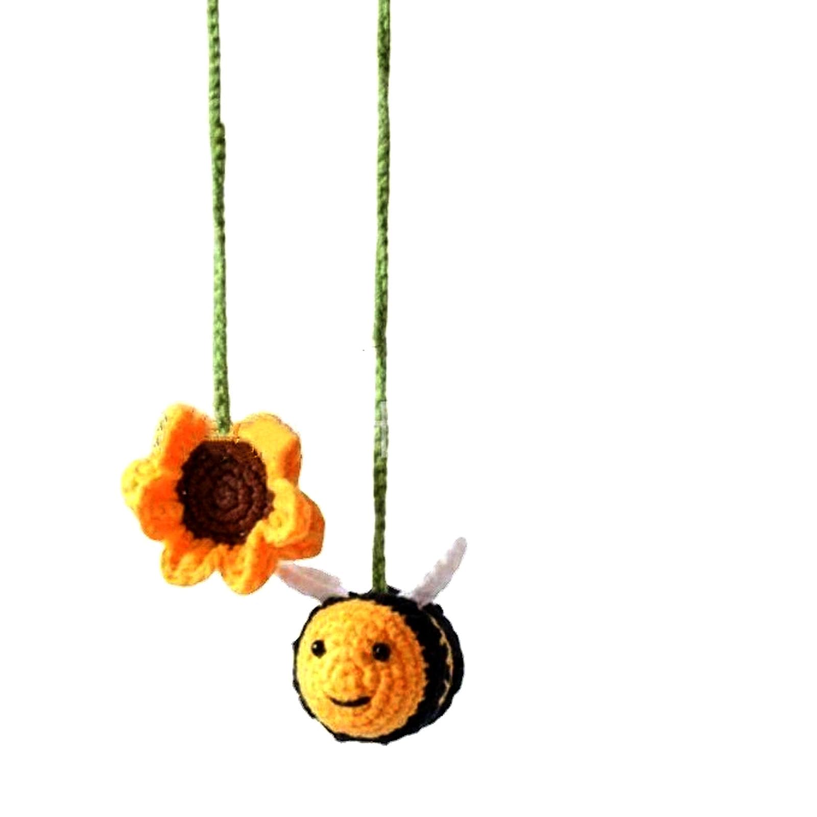 Knitted Bees Flower Pendant Car Rearview Hanging Ornament Automotive Interior Charm Decorations for Women Men Knitted Bees Decoration