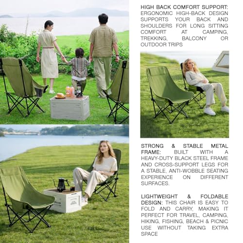 Image of Lyrovo Portable Folding Camping Chair High Back | 90 to 145 Degree Adjustable Compact Lightweight | Foldable Chair for Camping, Beach, Picnic & Balcony