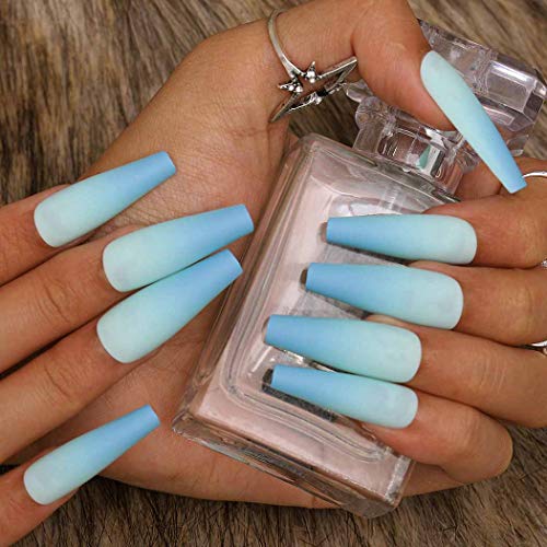 Outyua Gradient Pink Fake Nials Coffin Matte Extra Long Press on Nails Ballerina False Nails Full Artificial Acrylic Cover Nails 24Pcs (Ombre Green)