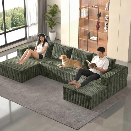 Image of 138 inch Modern Modular Sectional Sofa, U-Shaped Cloud Couch, Soft Corduroy Boneless Couch with 3060 High Rebound Memory Foam, Sectional Couches for Living Room-Green(Left Facing Chaise)
