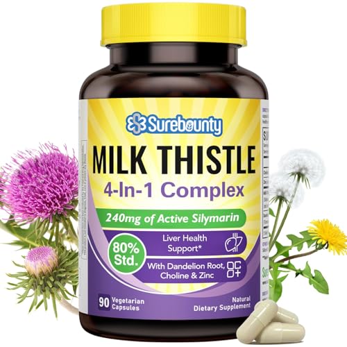 4-in-1 Milk Thistle Complex for Men & Women Milk Thistle Extract with 240mg of Active Silymarin 80% Std with Dandelion Choline Zinc Liver Detox & Repair Non-GMO Once Daily 90 Veggie Caps