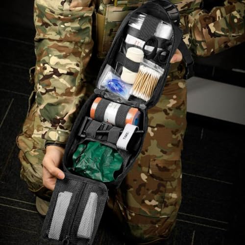 Kit de Sobrevivência e Emergência 28 em 1, Bolsa Tática Militar 2,7L, com Kit Primeiros Socorros, Ferramentas, Manta Lanterna Colher Apito Pederneira Canivete Mosquetão Bússola Pá Bandagens Torniquete