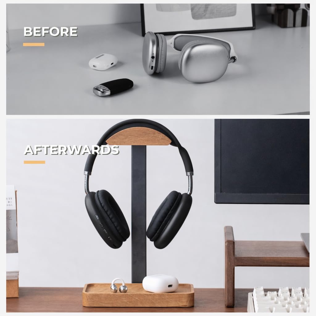 muso wood Oak Headphone Stand, Wood Headset Stand with Storage Base | Desk Holder for Gaming & Office, Compatible with AirPods Max, Bose, Razer Headsets