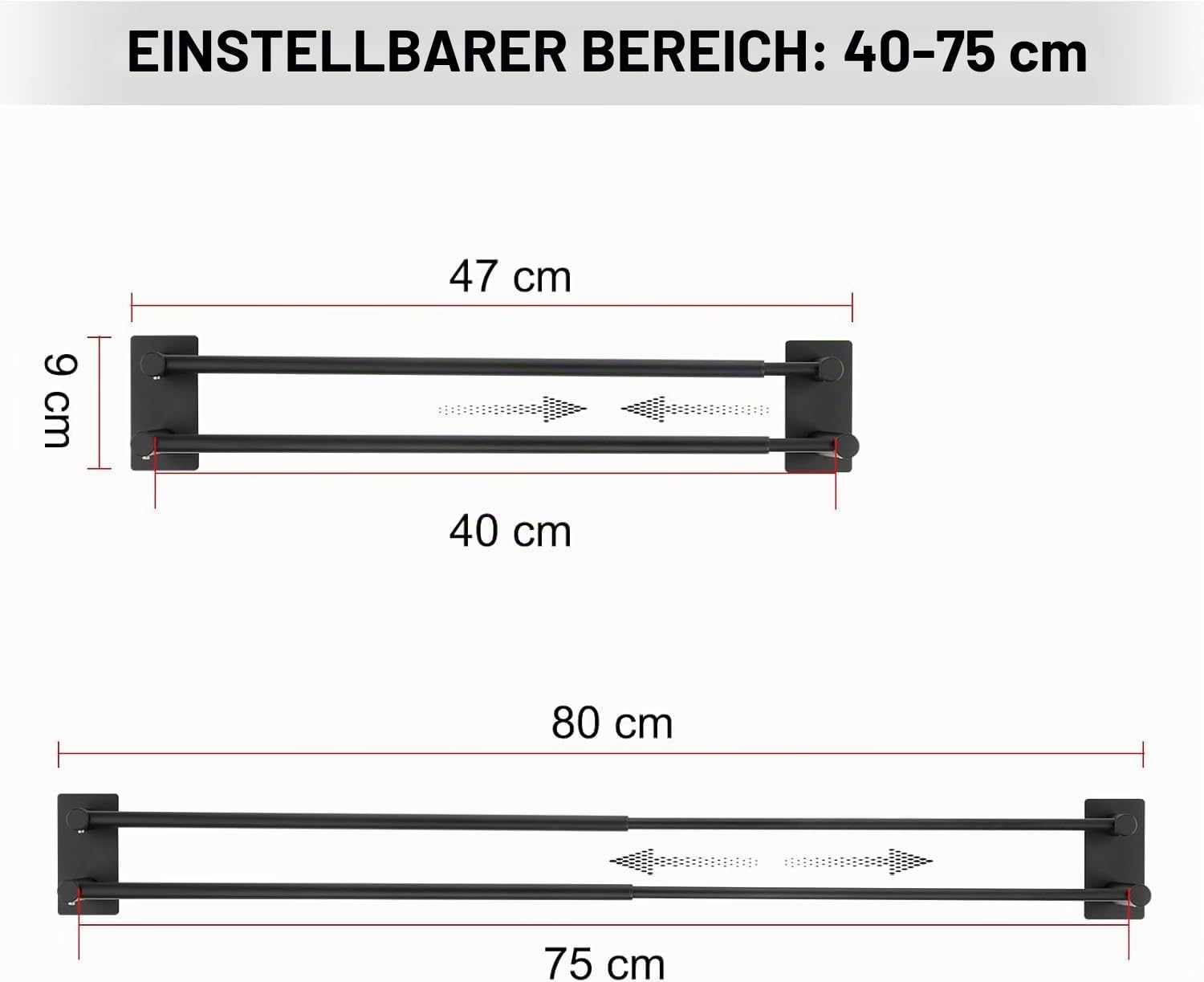 Handtuchhalter Verstellbar 40-75CM Ohne Bohren Doppelt Handtuchstange Selbstklebend Wandmontage 304 Edelstahl Badetuchhalter für Badezimmer, Schlafzimmer und Küche - Schwarz