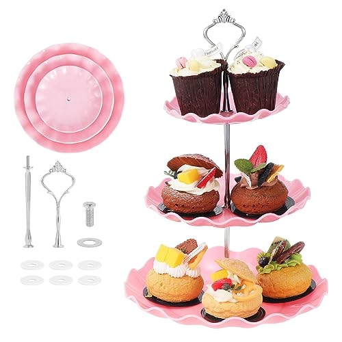 Mynoozi 2 Pcs 3 Tiers Cake Display Stand, Reusable Cupcake Holders for Afternoon Tea, Plastic Cake Fruit Dessert Serving Platter Stand, Cake Display Tower for Birthday, Wedding, Party-Pink and White
