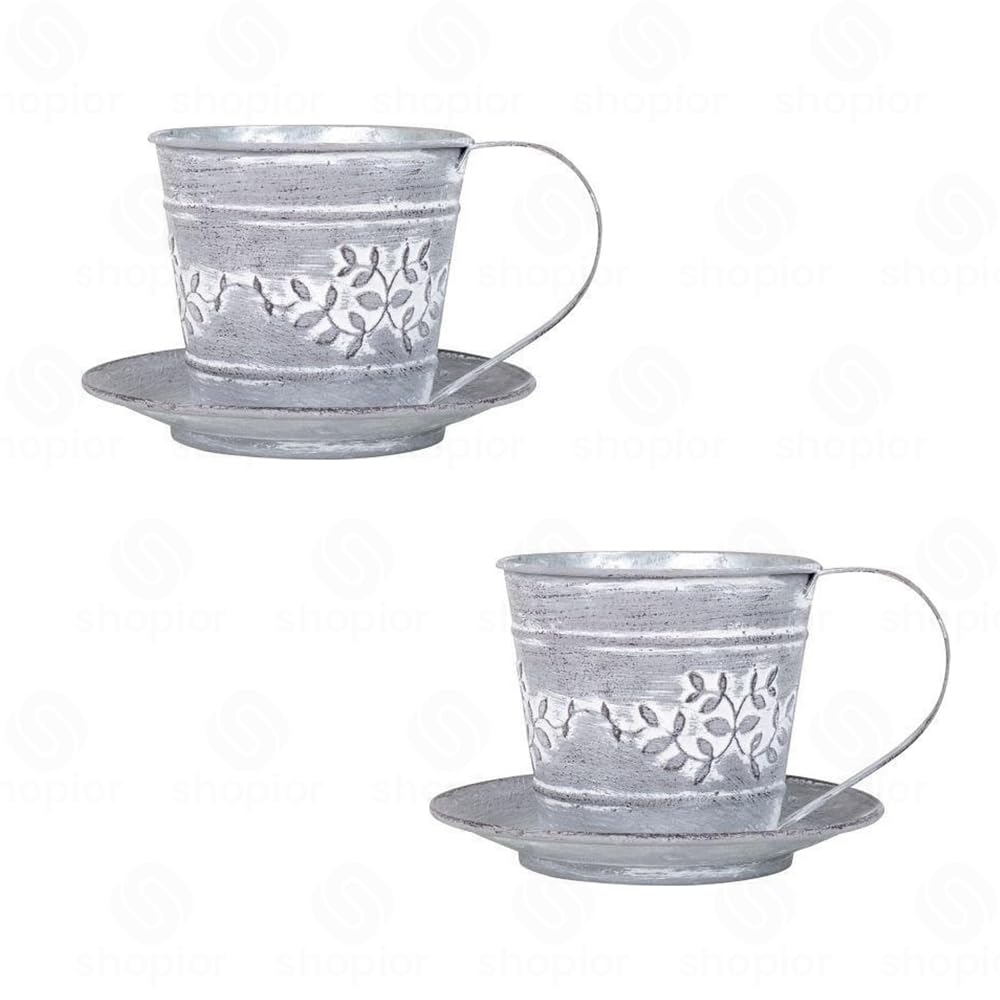 shopior Embossed Leafy Vine Design Tin Trough, Pail, Bowl, WateringCan and Teacup – Zinc Oval Galvanised Metal Planter | Rustic Grey Decorative Indoor Outdoor Plant Pot (Tin Teacup-15cm-Grey-Pack 2)