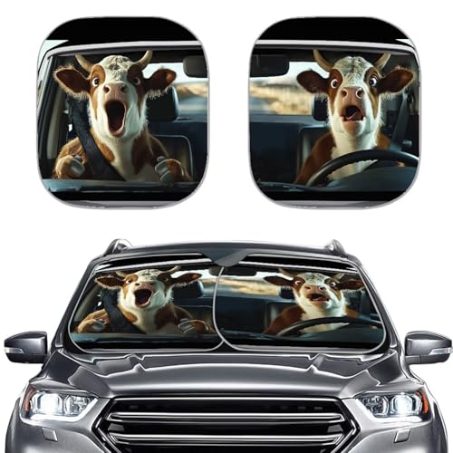 Image of Funny Cow Print Sunshade Visor 2 PCS Car Windshield Sun Shade Easy Installation Foldable Automotive Interior Accessories for Sun Protection Sun Shade for UV Protection