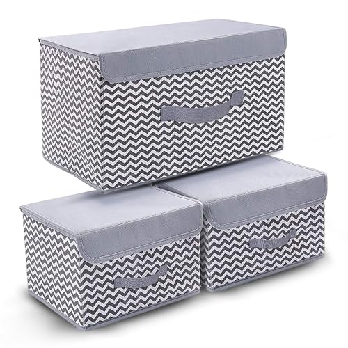 Image of FLYNGO 3 Pcs Foldable Storage Box Organiser with Lid, Versatile Storage Basket Bins for Wardrobe, Clothes, Toys, Books, and Other Supplies (1 Large + 2 Small)