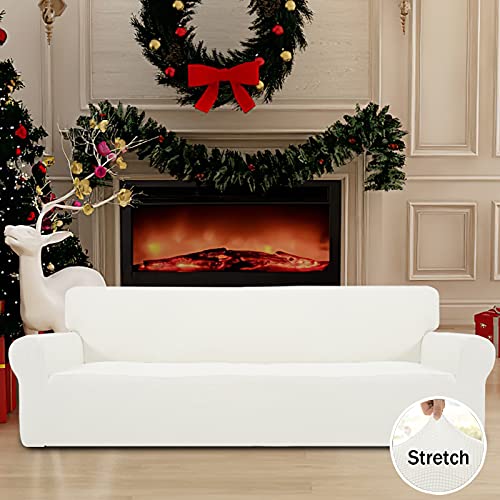 Image of Easy-Going Stretch 4 Seater Sofa Slipcover 1-Piece Sofa Cover Furniture Protector Couch Soft with Elastic Bottom for Kids, Polyester Spandex Jacquard Fabric Small Checks Cream