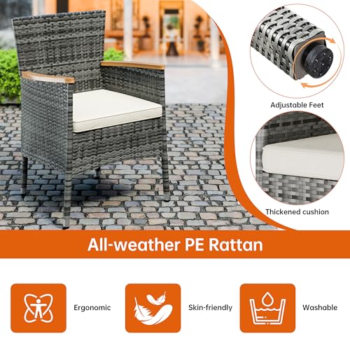 Image of Shintenchi 7 PCS Patio Dining Set, Wicker Patio Conversation Set with Wooden Table Top, Outdoor Table and Chairs with Soft Cushions for Backyard, Deck and Garden, Grey Rattan
