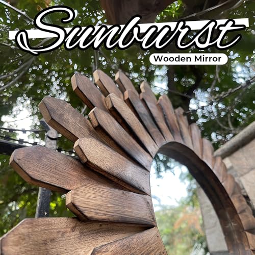 14-inch Rustic Round Wood Mirror, Decorative Boho Sunburst Mirror for Bedroom, Living Room, Entryway - Burnt - Image 6