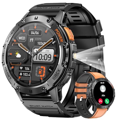 BKOHJAJI Smart Watch for Men with LED Flashlight, 1.43″AMOLED/50Days Standby Smart Watch Answer/Make Call, 120+ Sports Modes/IP68 Waterproof/Heart Rate Smartwatch for Android iOS