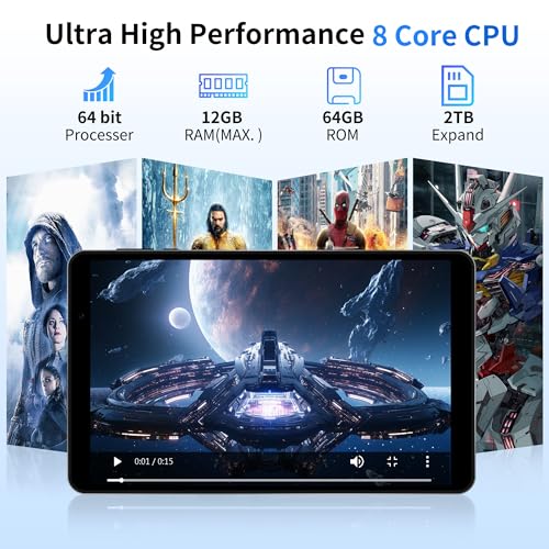 Android 14 Tablet 8 inch Tablets, 2025 Octa-Core Processor, 12GB RAM 64GB ROM 2TB Expand, WiFi 6, Dual 5MP+8MP Camera, BT5.4, 5100mAh Kids Tablets, Widevine L1, Performance Tablet, Gray - Image 3