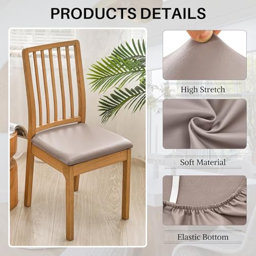 Image of SearchI Waterproof PU Leather Seat Covers for Dining Chairs, 6 Pack Stretch Dining Room Chair Seat Covers, Kitchen Chair Seat Covers Protectors (Taupe)