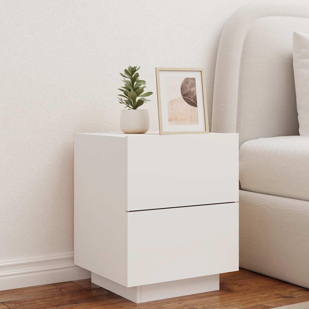Mesita de noche LED auxiliar blanca de madera 45 x 40 x 55 cm con luz RGB y 2 cajones, moderno armario de noche para dormitorio, salón, pasillo