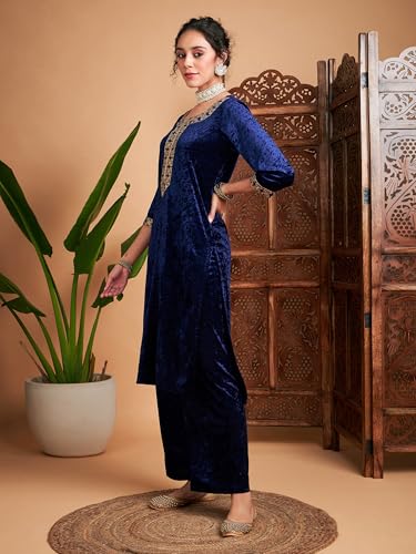 Image of Women Velvet Embroidered Straight Kurta