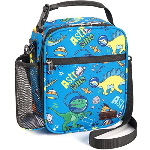 Kaome Kids Lunch Bag, Insulated Lunch Bag with Adjustable Shoulder Strap, Lunch Box for Kids Boys & Girls with Large Bottle Holder, Mesh Pocket, Cute Lunch Tote Bag for School Picnic Travel, Dinosaur