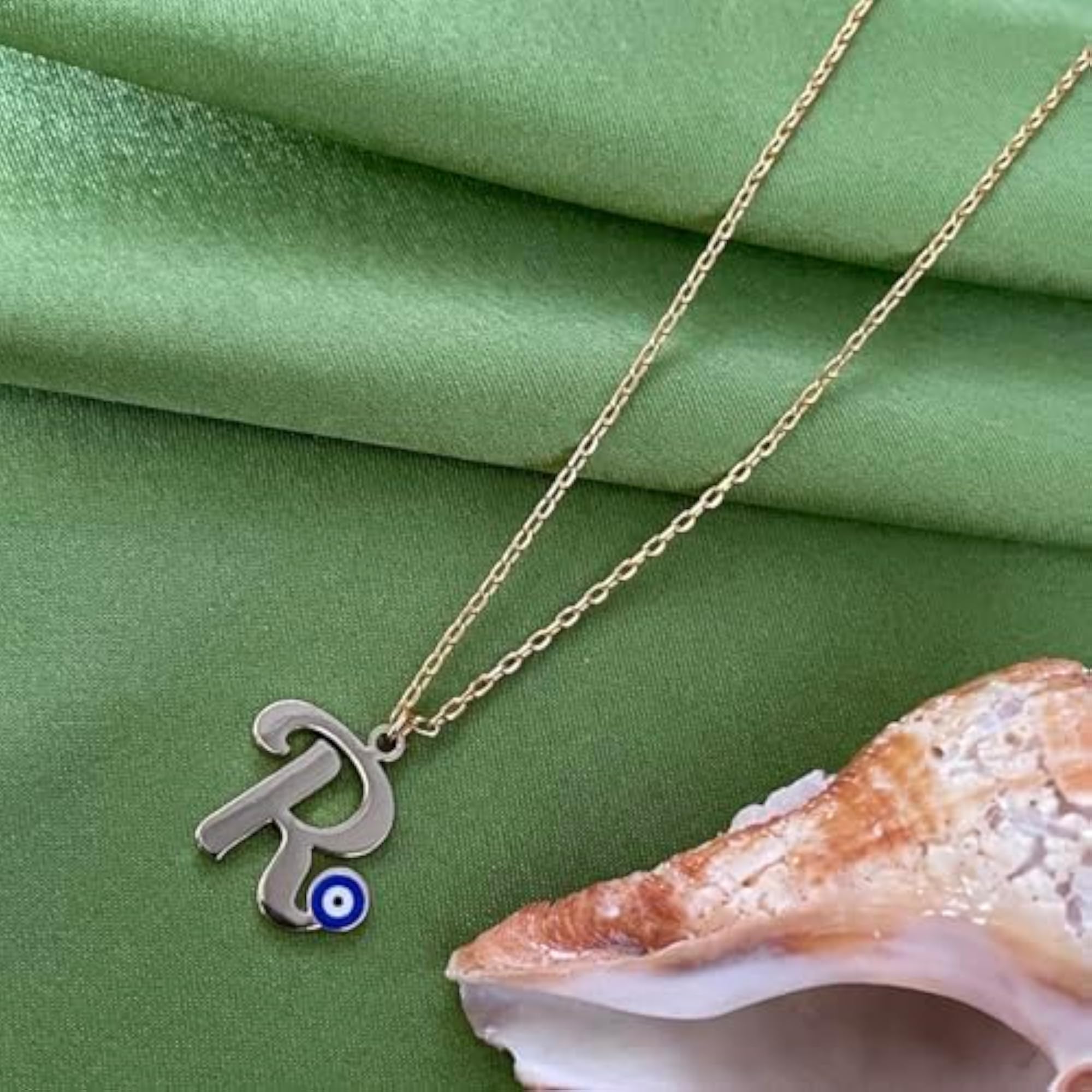 Women's Gold Plated Letter 'R' Blue Evil Eye Initial Necklace
