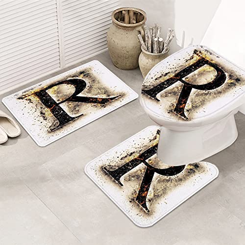 3 teiliges Badematten Set rutschfest U-FöRmige Duschvorleger,Buchstabe R, Großbuchstabe R im Barock-Display, alte Mode… – Bild 6