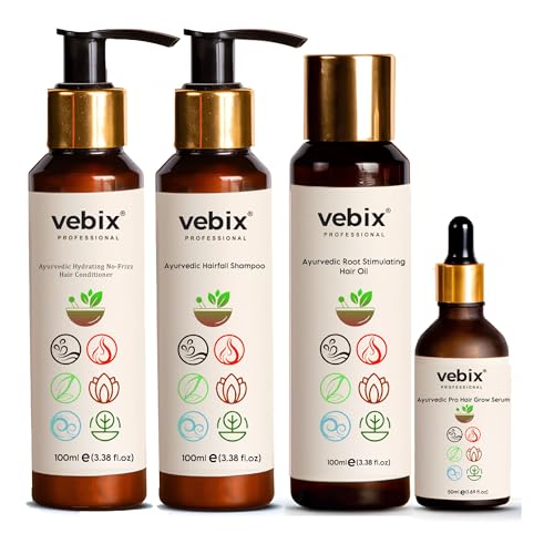 VebixProfessional Customized HairFall Control Regimen Ayurvedic 4 Product Kit | Anti Hairfall Shampoo – Hair Oil, Keratin Conditioner & Hair Growth Serum | 350ml (All Hair Types)