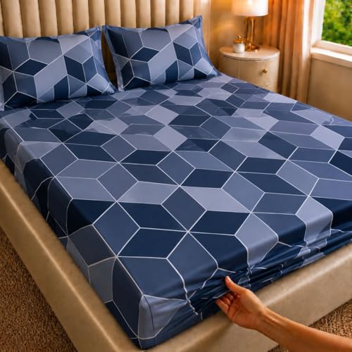 Image of Castiqa Elastic Fitted Supersoft Premium Polycotton 200TC King Size Bedsheets with 2 Pillow Covers (Fits Upto Mattress of 8Inches) (Blue Cubes, Full 72x78x8Inch)