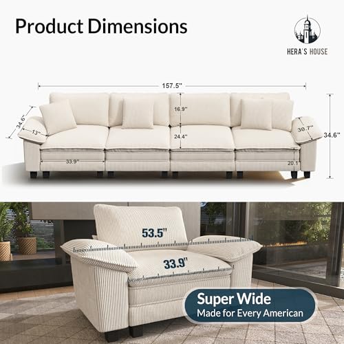 Image of HERA'S HOUSE 158 inch Oversized Modular Sectional Straight Sofa, Corduroy Beige | 4-Seater Living Room Couches, Wider Armrest and Deep Seat, Comfy Cloud Couch with Ottoman, Wood Sturdy Frame