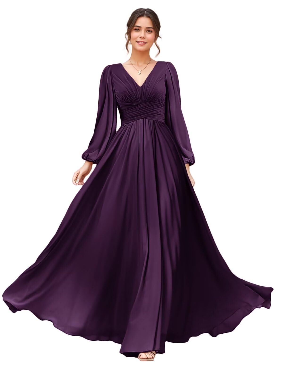V Neck Chiffon Bridesmaid Dresses Floor-Length Long Sleeve Formal Dresses for Women Lace Up Back Prom Dress