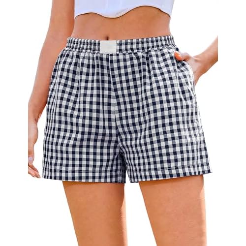 Marvmys Womens Boxer Shorts Cotton Plaid Gingham Shorts Summer Elastic Waist Pajama Buttoms with Pockets Small Navy Blue White Plaid