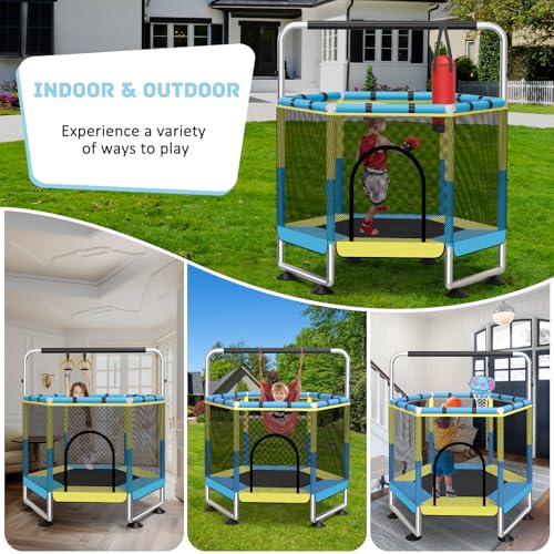 Trampolin Kinder, 150cm Kinder Trampolin Outdoor/Indoor, 200 kg mit Sicherheitsnetz, verbesserte Ringbeine mit Verstellbarer Turnstange, Geschenke für im Alter von 1 bis 8 Jahren Blau
