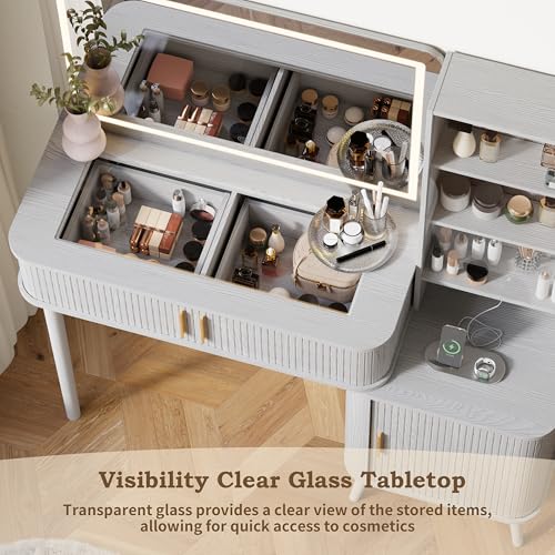 Image of 51 inch Fluted Makeup Vanity Desk with 4 Drawers & Adjustable Shelves,Dressing Table with Mirror and Lights, Large Vanity with Glass Top and Power Outlet for Bedroom (White)