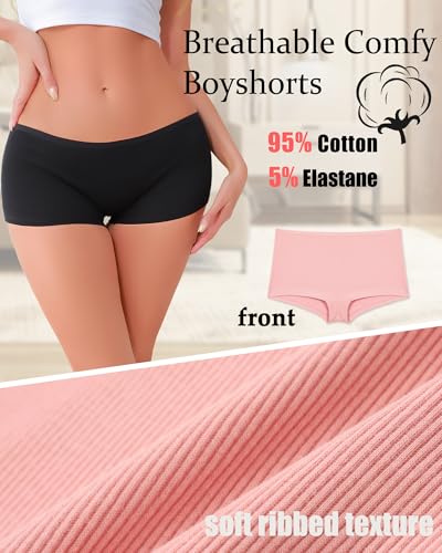 Image of Cotton Boyshort Underwear for Women Boxer Briefs Lady Boy Short Panties | 6 Pack,Full Coverage,Plus Size,Girls Panties,Under Dress,Breathable,Cute,Stretch,Stay in Place,Multiple Colors,Machine Wash