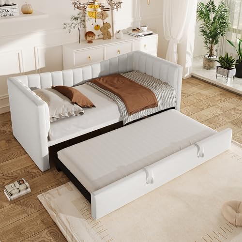 Sofá cama 90 x 200 cm con cama de extracción, cama tapizada con somier, estilo minimalista, cama multifunción de terciopelo blanco (sin colchón)