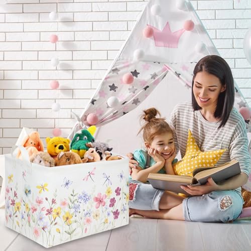 Image of Boho Flower Nursery Basket,Waterproof collapsible storage box,Fall Wildflower Floral Dandelion Storage Bin,Plant Butterfly baby girl gift basket,Girls Bedroom Boho Flower Decor(Dandelion)