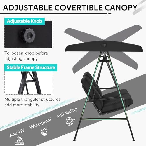 Image of U-MAX 2 Seat Outdoor Patio Swing Chair for Adults, Porch Swings with Adjustable Canopy, Outside Swing Bench with Removable Cushion, Suitable for Backyard, Garden, Yard, Poolside, Balcony (Black)