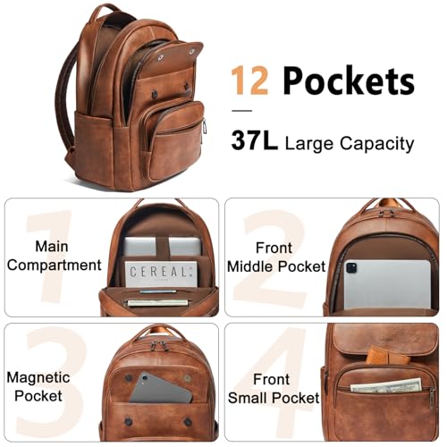 37L Backpack Purse for Women Men for Work Travel BackPack Vegan Leather Laptop College Daypack Shoulder Bag Brown4