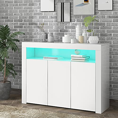 Buffet LED moderne en bois blanc brillant à 3 portes avec télécommande pour cuisine, salon, salle à manger, couloir