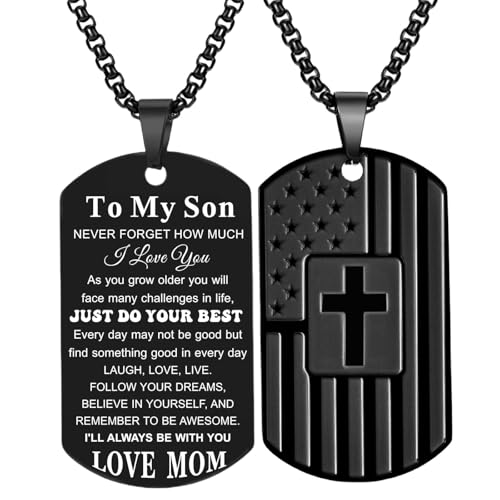 Coolvy To My Son Necklace from Mom Dad, Dog Tag Cross Necklace for Men, American Flag Birthday Christmas Gifts for Son in Law Grandson Daughter Granddaughter Family Jewelry