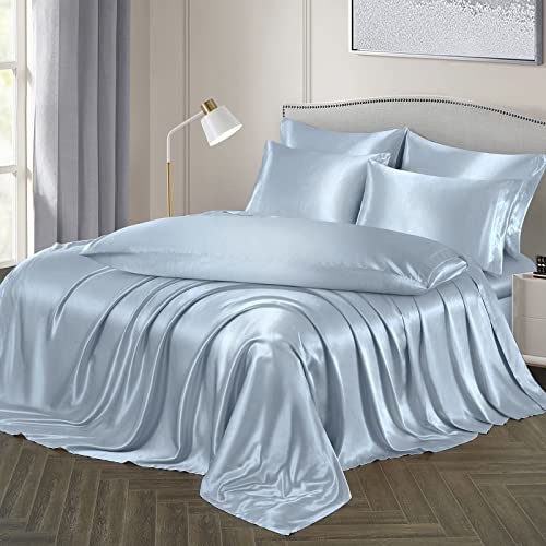 Image of Ersmak 7 Pieces Satin Sheets Set Queen Size, Luxury Silky Light Blue Satin Bed Sheets Set with 1 Deep Pocket Fitted Sheet, 1 Soft Flat Sheet, 4 Queen Pillowcases and 1 Body Pillowcase