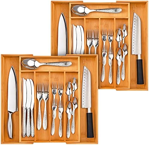 Greenual Silverware Organizer 2 Piece 15 In Utensil Organizer Silverware Tray for Drawer Expandable Cutlery Flatware Organizer for Kitchen Bamboo Wood