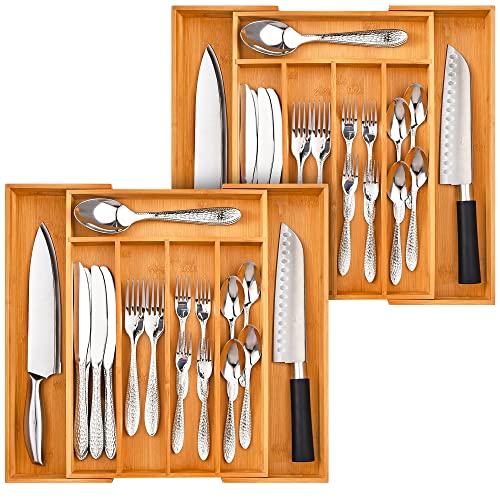 Greenual Silverware Organizer 2 Piece 15 In Utensil Organizer Silverware Tray For Drawer Expandable Cutlery Flatware Organizer For Kitchen Bamboo Wood #TOP8